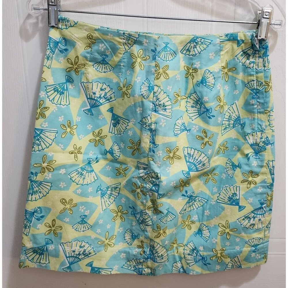 Vtg Lilly Pulitzer Women's Size 2 Straight Skirt Japanese Fan Flower‎ Green Blue